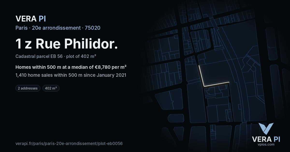 1 z Rue Philidor, 20e arrondissement at night – the plot lit, the parcels around coloured by the prices near them