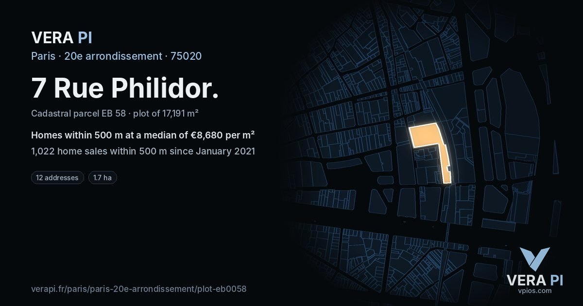 7 Rue Philidor, 20e arrondissement at night – the plot lit, the parcels around coloured by the prices near them