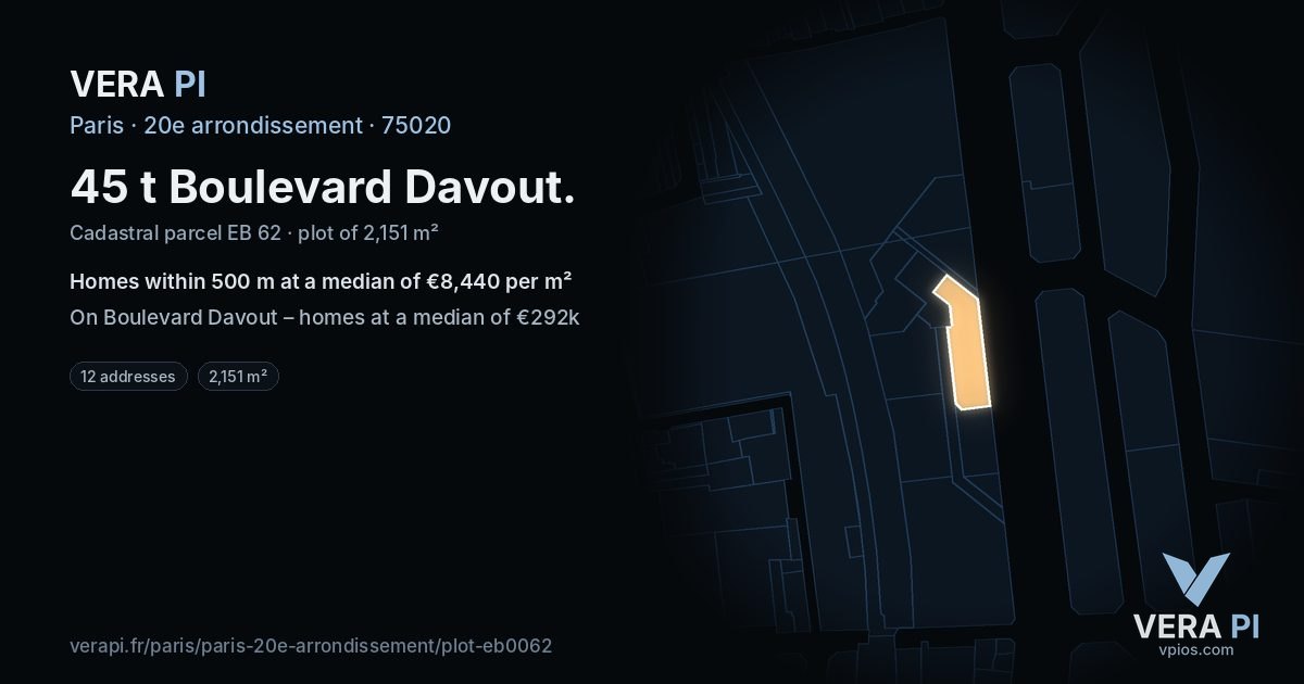 45 t Boulevard Davout, 20e arrondissement at night – the plot lit, the parcels around coloured by the prices near them