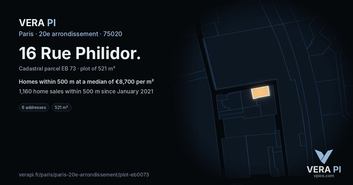 16 Rue Philidor, 20e arrondissement at night – the plot lit, the parcels around coloured by the prices near them