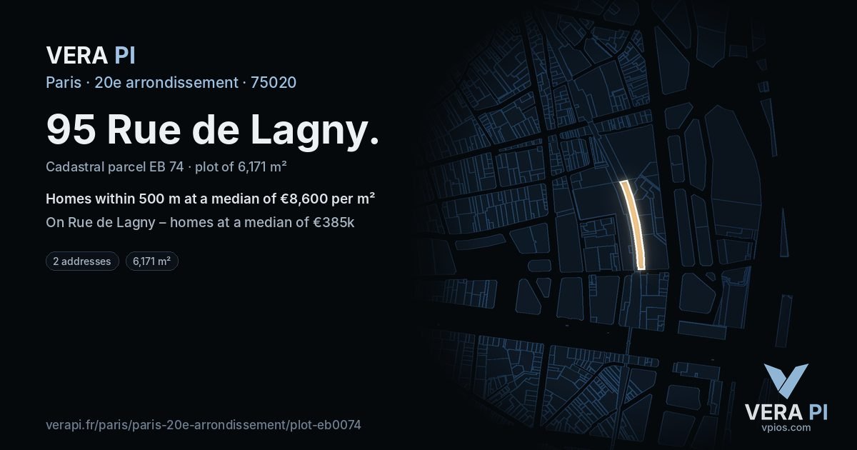 95 Rue de Lagny, 20e arrondissement at night – the plot lit, the parcels around coloured by the prices near them