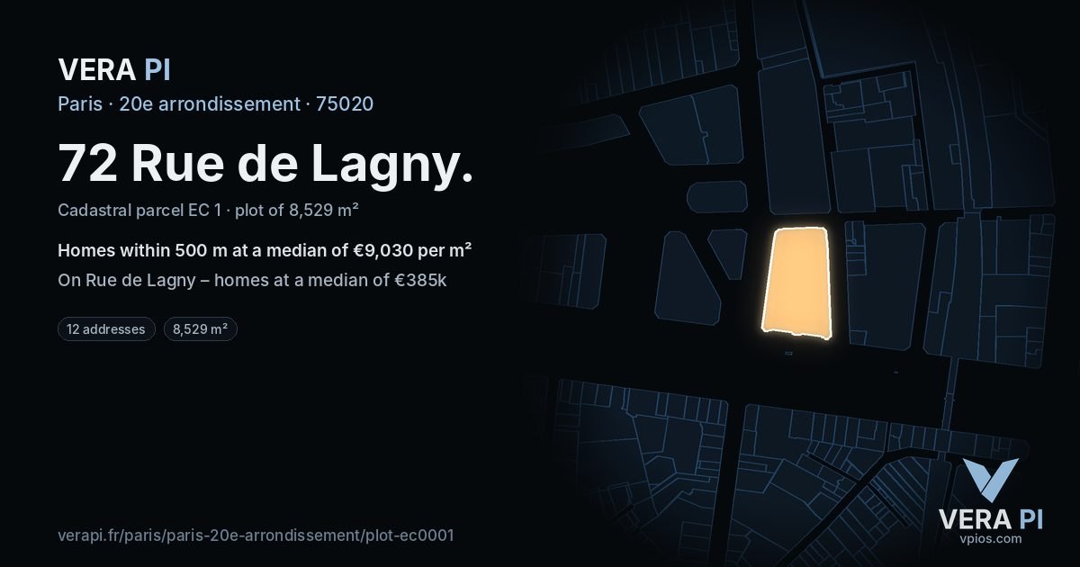 72 Rue de Lagny, 20e arrondissement at night – the plot lit, the parcels around coloured by the prices near them
