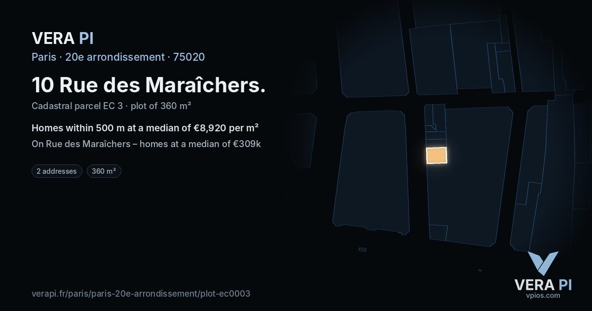10 Rue des Maraîchers, 20e arrondissement at night – the plot lit, the parcels around coloured by the prices near them