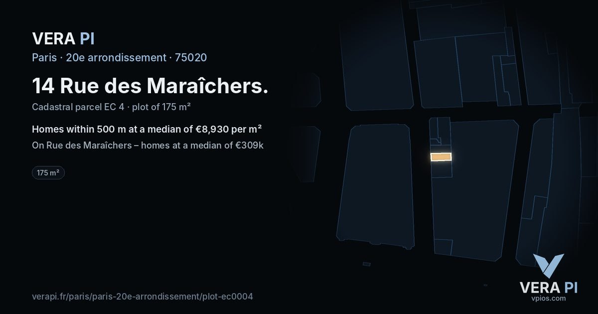 14 Rue des Maraîchers, 20e arrondissement at night – the plot lit, the parcels around coloured by the prices near them