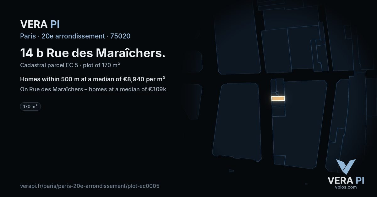 14 b Rue des Maraîchers, 20e arrondissement at night – the plot lit, the parcels around coloured by the prices near them
