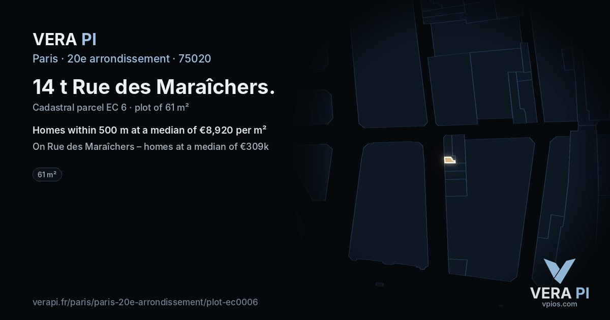 14 t Rue des Maraîchers, 20e arrondissement at night – the plot lit, the parcels around coloured by the prices near them