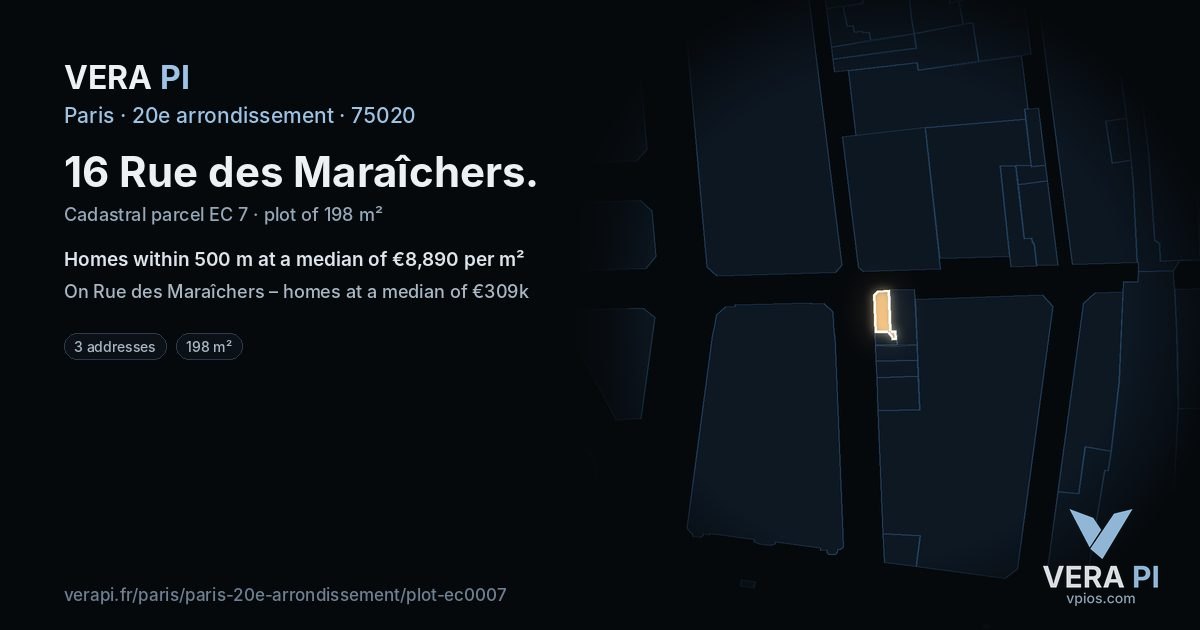 16 Rue des Maraîchers, 20e arrondissement at night – the plot lit, the parcels around coloured by the prices near them