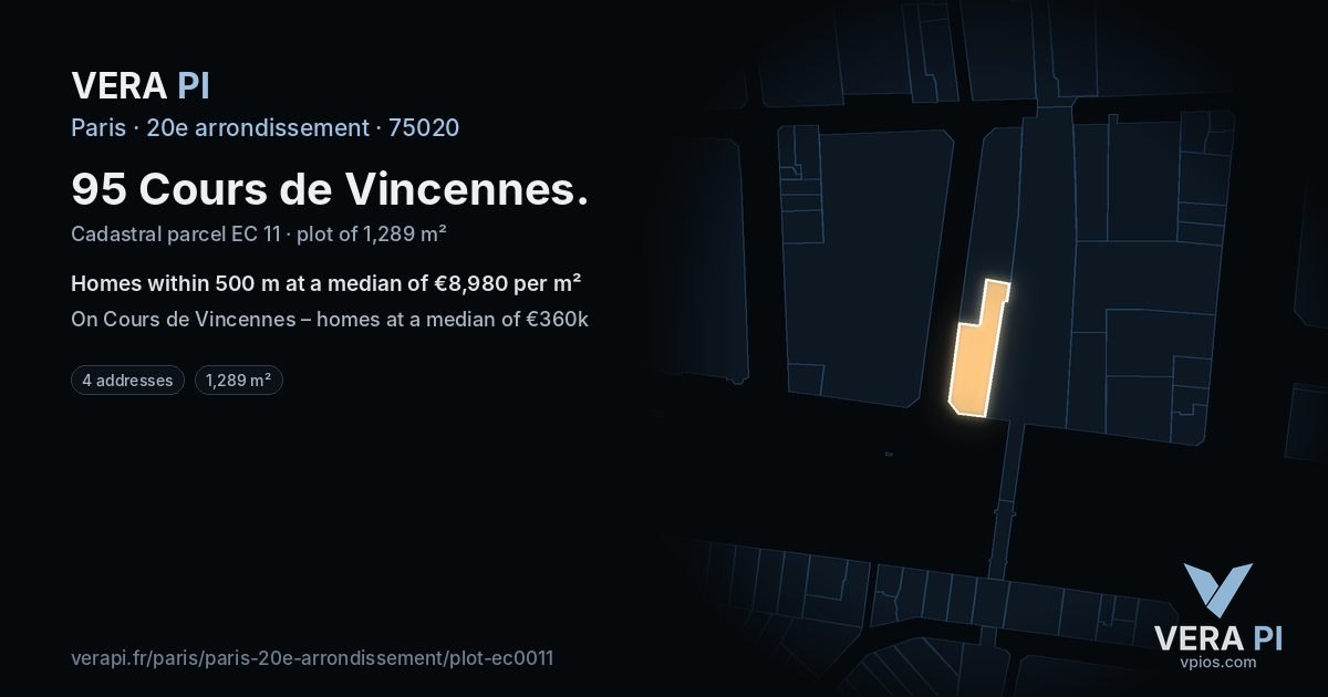 95 Cours de Vincennes, 20e arrondissement at night – the plot lit, the parcels around coloured by the prices near them