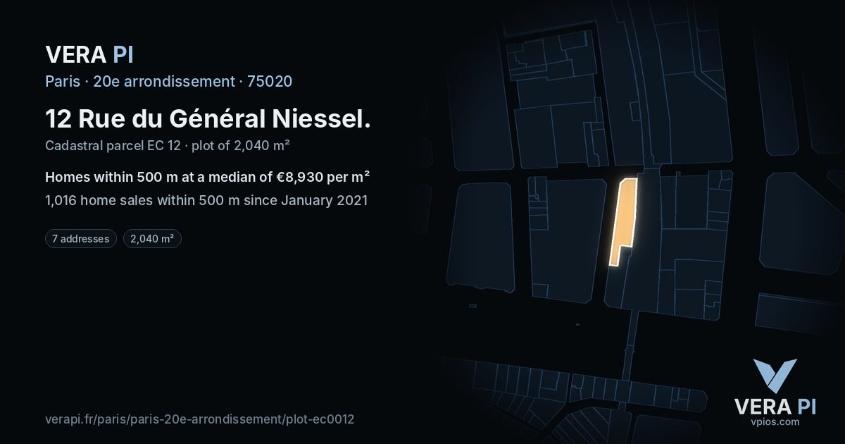 12 Rue du Général Niessel, 20e arrondissement at night – the plot lit, the parcels around coloured by the prices near them