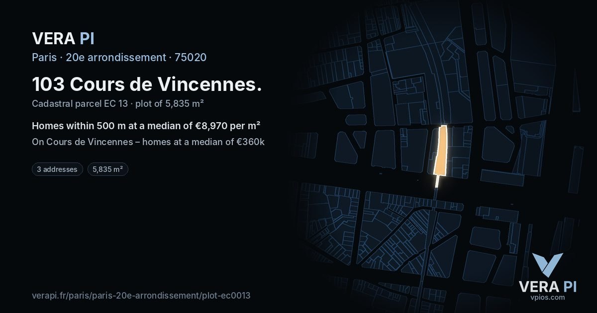 103 Cours de Vincennes, 20e arrondissement at night – the plot lit, the parcels around coloured by the prices near them