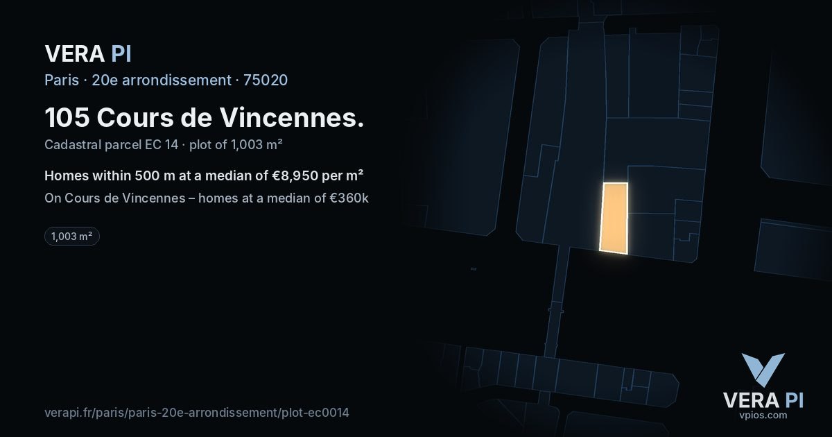 105 Cours de Vincennes, 20e arrondissement at night – the plot lit, the parcels around coloured by the prices near them