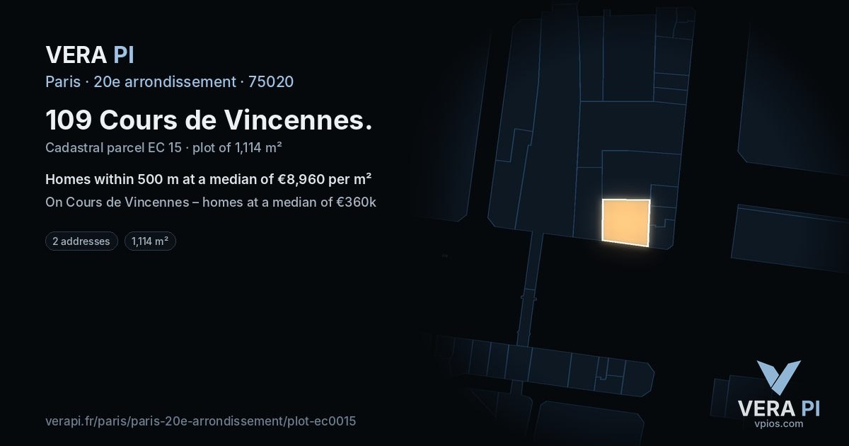 109 Cours de Vincennes, 20e arrondissement at night – the plot lit, the parcels around coloured by the prices near them