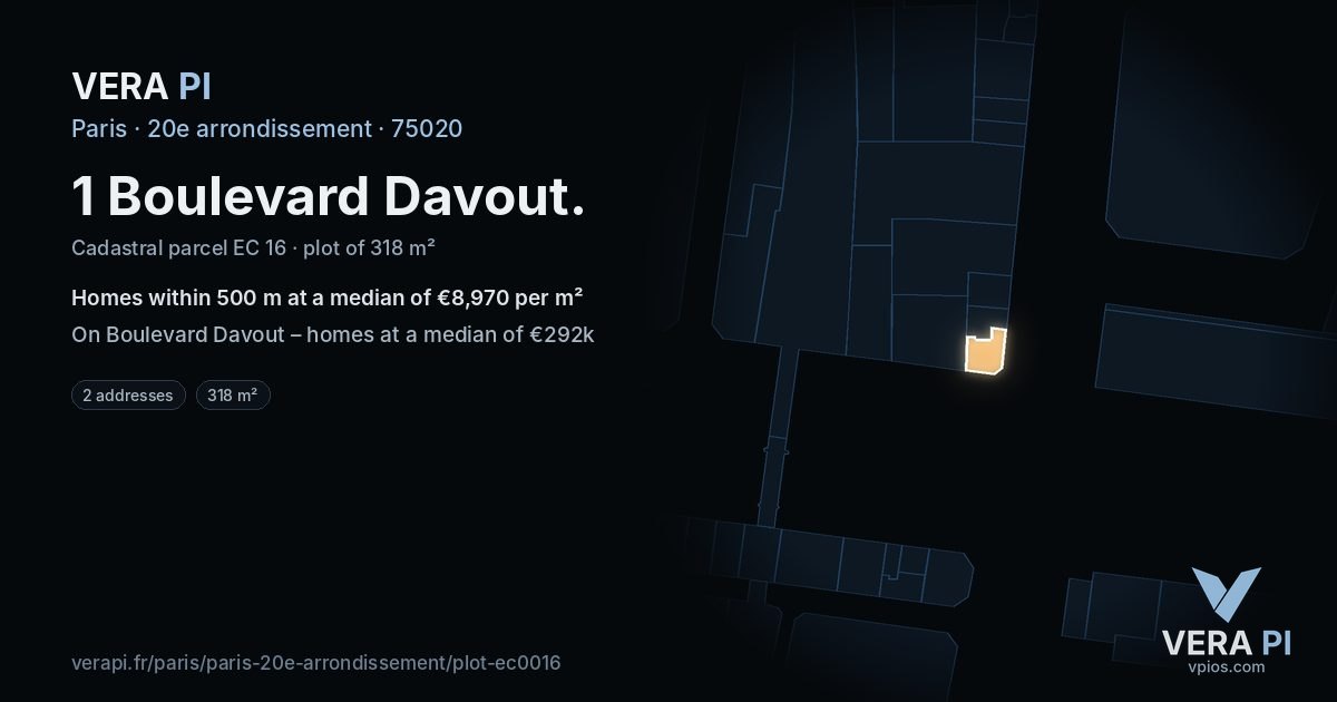1 Boulevard Davout, 20e arrondissement at night – the plot lit, the parcels around coloured by the prices near them