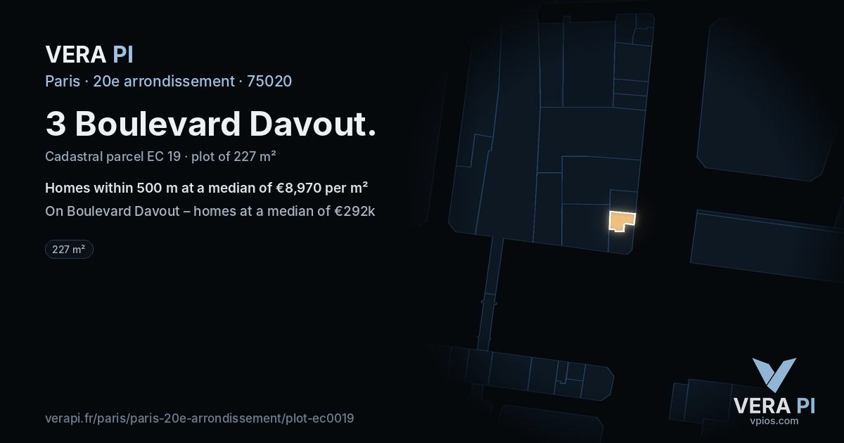 3 Boulevard Davout, 20e arrondissement at night – the plot lit, the parcels around coloured by the prices near them