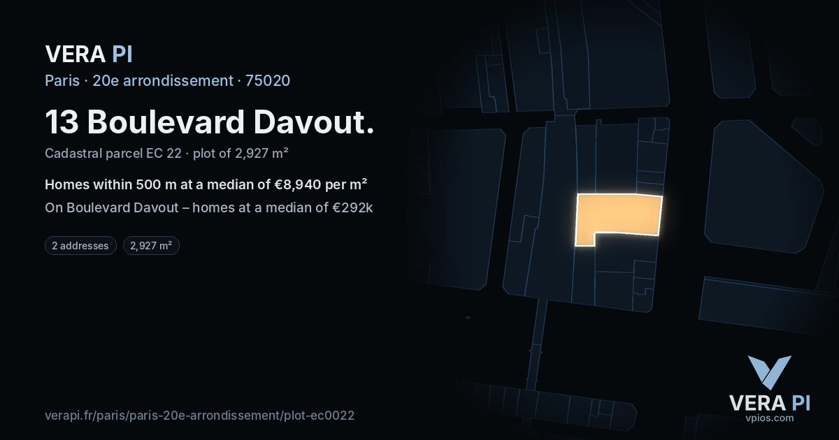 13 Boulevard Davout, 20e arrondissement at night – the plot lit, the parcels around coloured by the prices near them