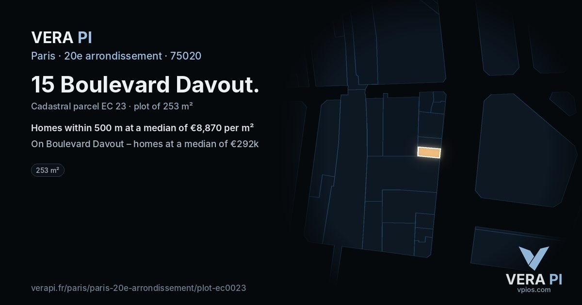 15 Boulevard Davout, 20e arrondissement at night – the plot lit, the parcels around coloured by the prices near them