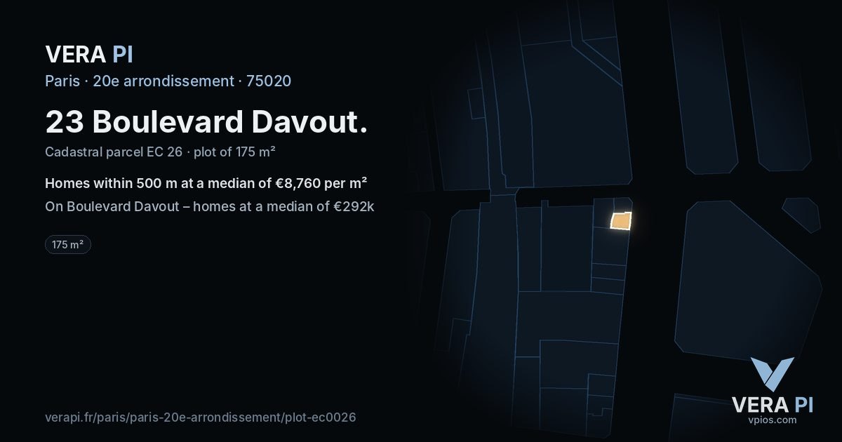 23 Boulevard Davout, 20e arrondissement at night – the plot lit, the parcels around coloured by the prices near them