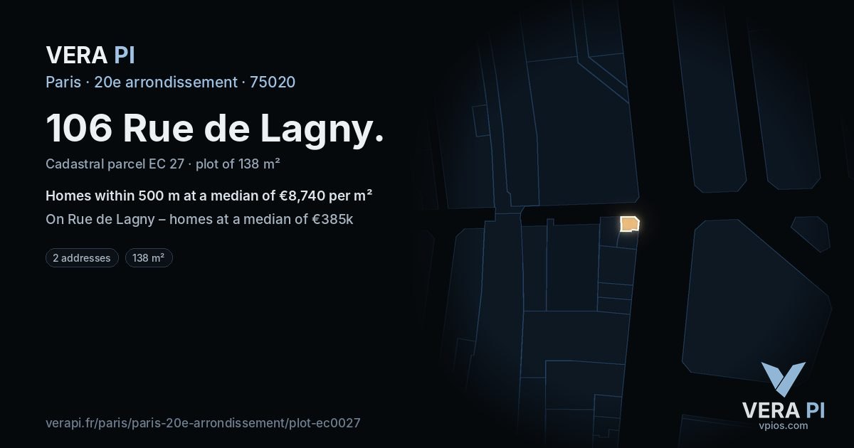 106 Rue de Lagny, 20e arrondissement at night – the plot lit, the parcels around coloured by the prices near them