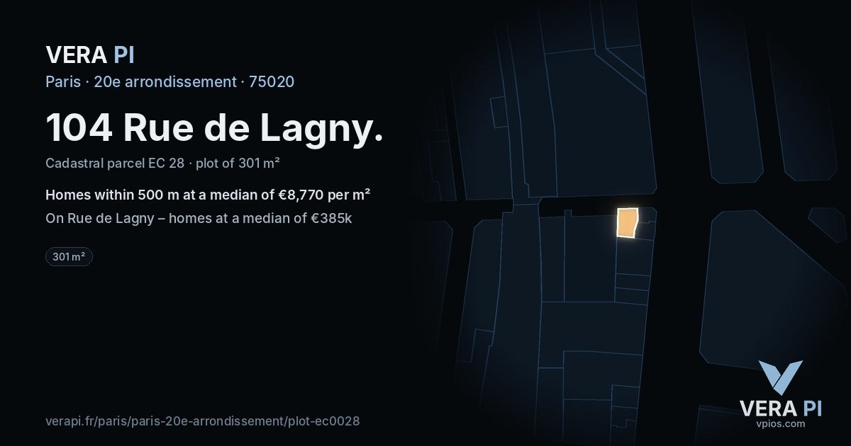 104 Rue de Lagny, 20e arrondissement at night – the plot lit, the parcels around coloured by the prices near them