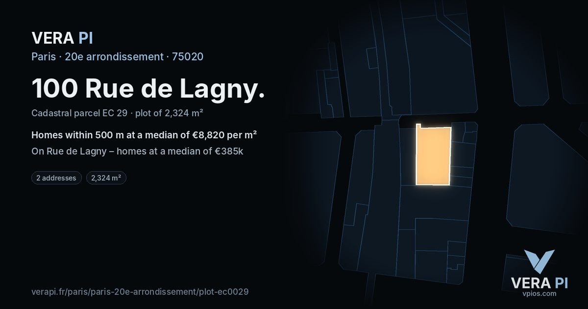 100 Rue de Lagny, 20e arrondissement at night – the plot lit, the parcels around coloured by the prices near them