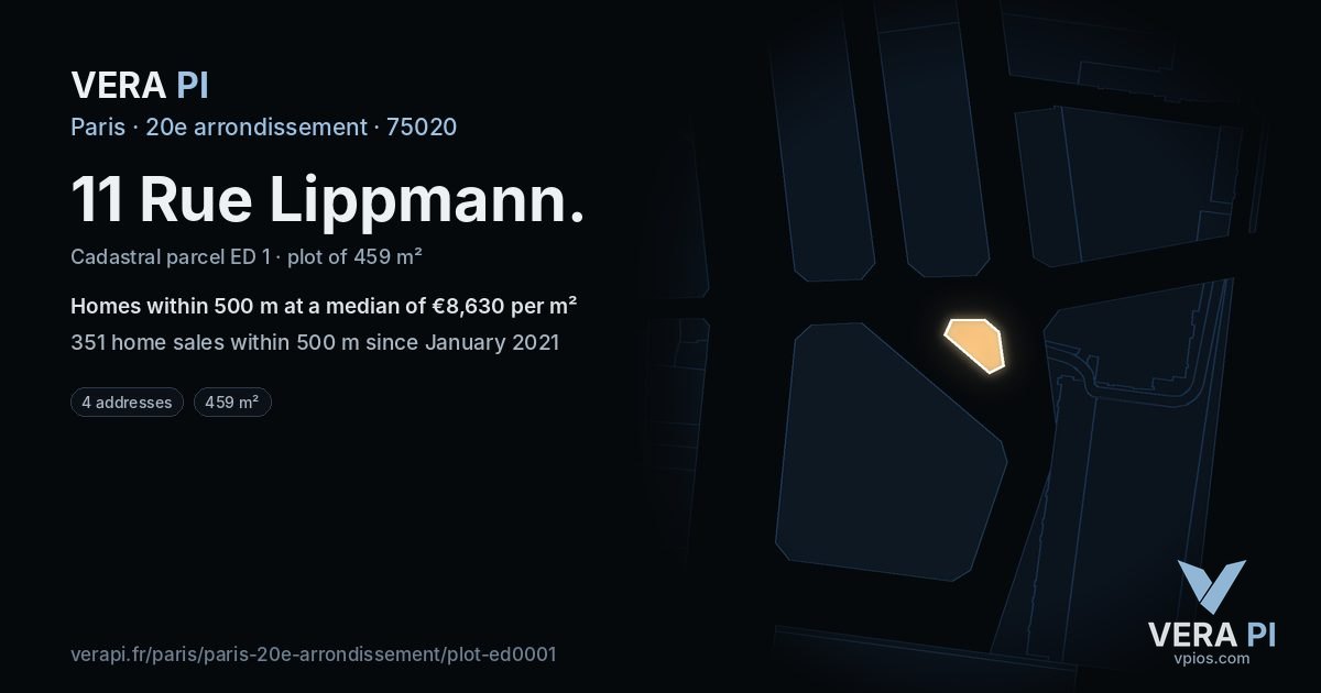 11 Rue Lippmann, 20e arrondissement at night – the plot lit, the parcels around coloured by the prices near them