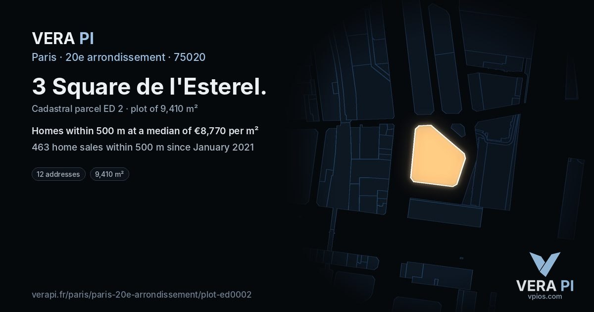 3 Square de l'Esterel, 20e arrondissement at night – the plot lit, the parcels around coloured by the prices near them