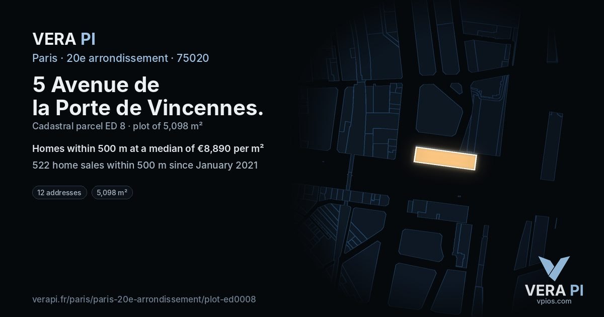5 Avenue de la Porte de Vincennes, 20e arrondissement at night – the plot lit, the parcels around coloured by the prices near them