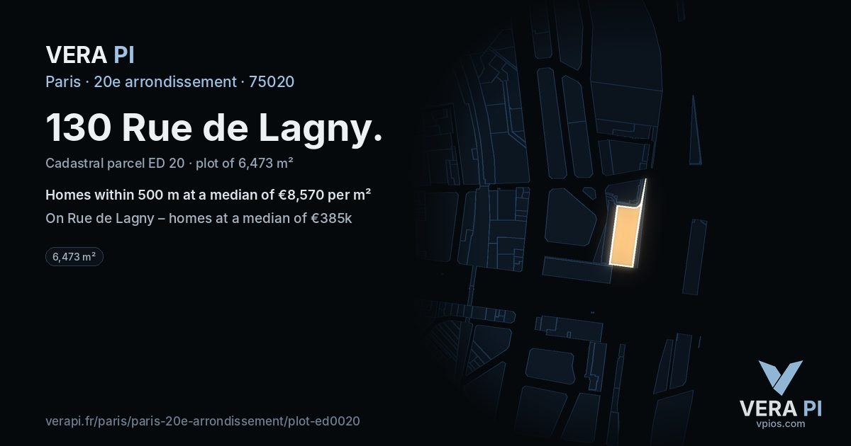 130 Rue de Lagny, 20e arrondissement at night – the plot lit, the parcels around coloured by the prices near them