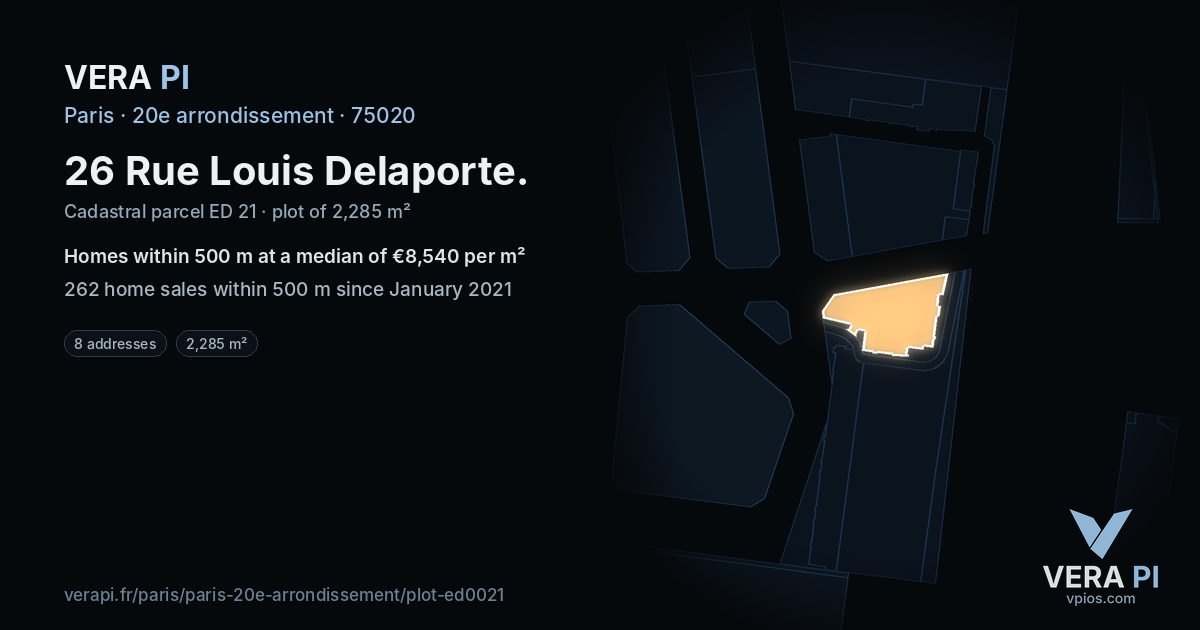 26 Rue Louis Delaporte, 20e arrondissement at night – the plot lit, the parcels around coloured by the prices near them