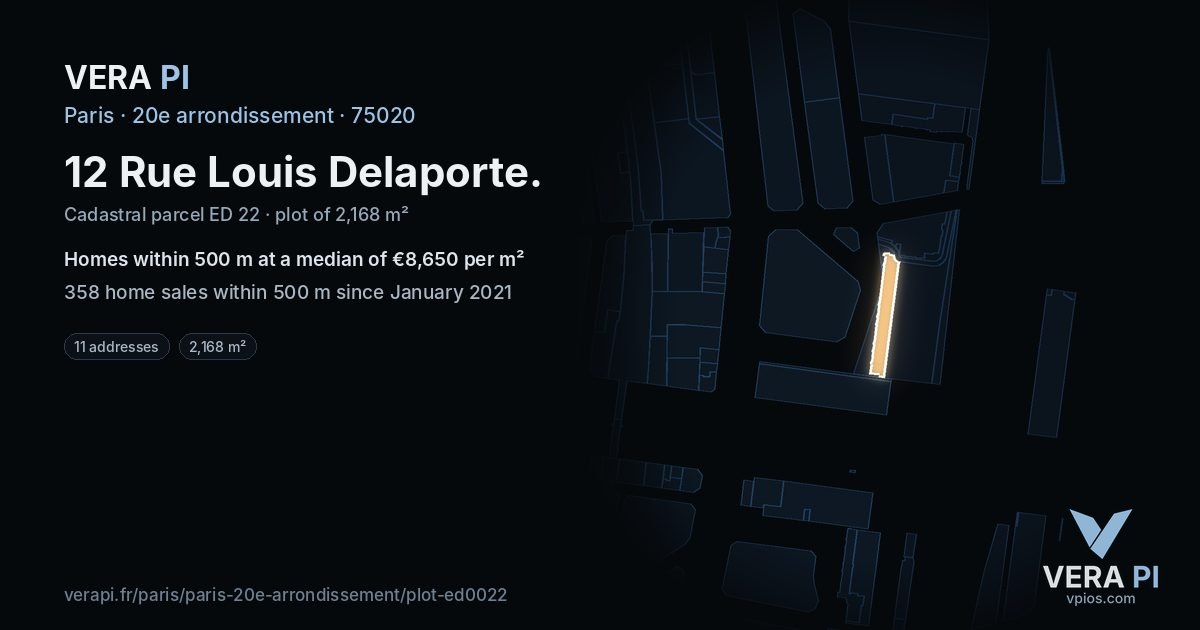12 Rue Louis Delaporte, 20e arrondissement at night – the plot lit, the parcels around coloured by the prices near them