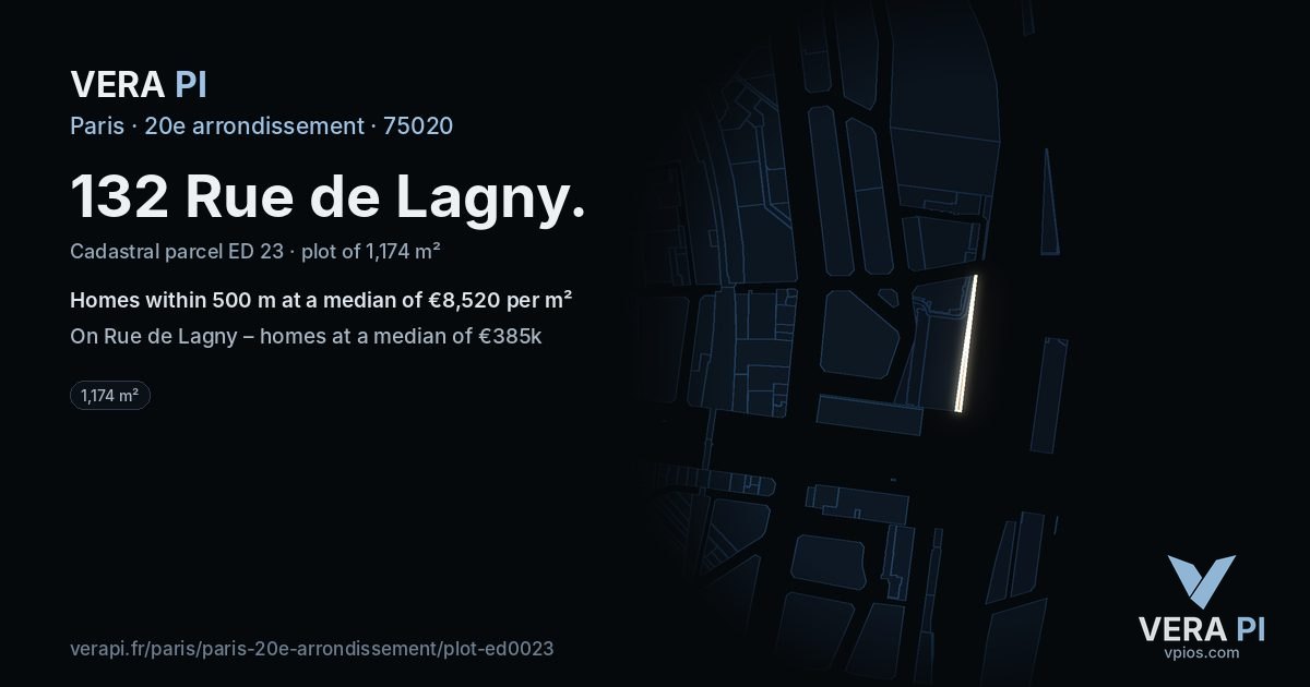 132 Rue de Lagny, 20e arrondissement at night – the plot lit, the parcels around coloured by the prices near them