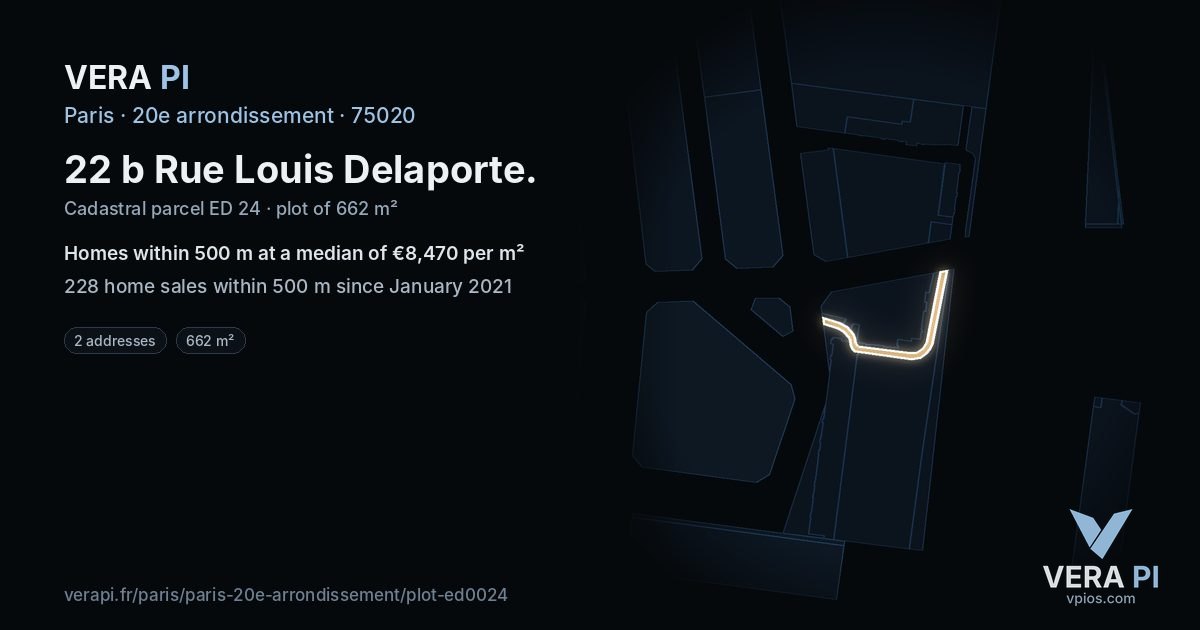 22 b Rue Louis Delaporte, 20e arrondissement at night – the plot lit, the parcels around coloured by the prices near them