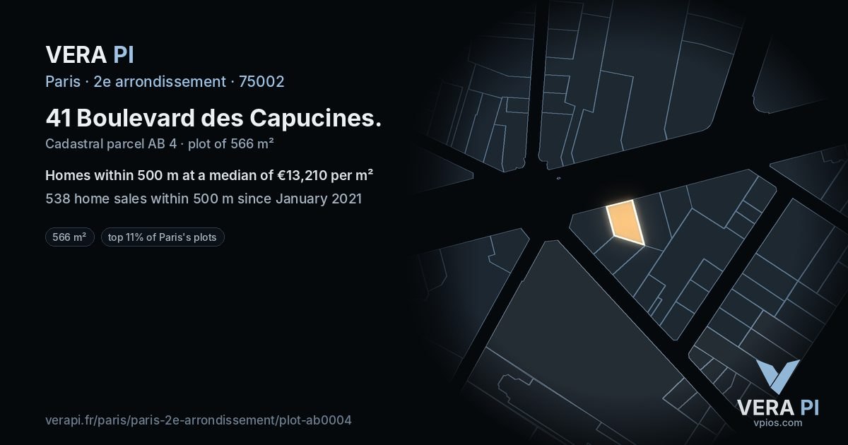 41 Boulevard des Capucines, 2e arrondissement at night – the plot lit, the parcels around coloured by the prices near them