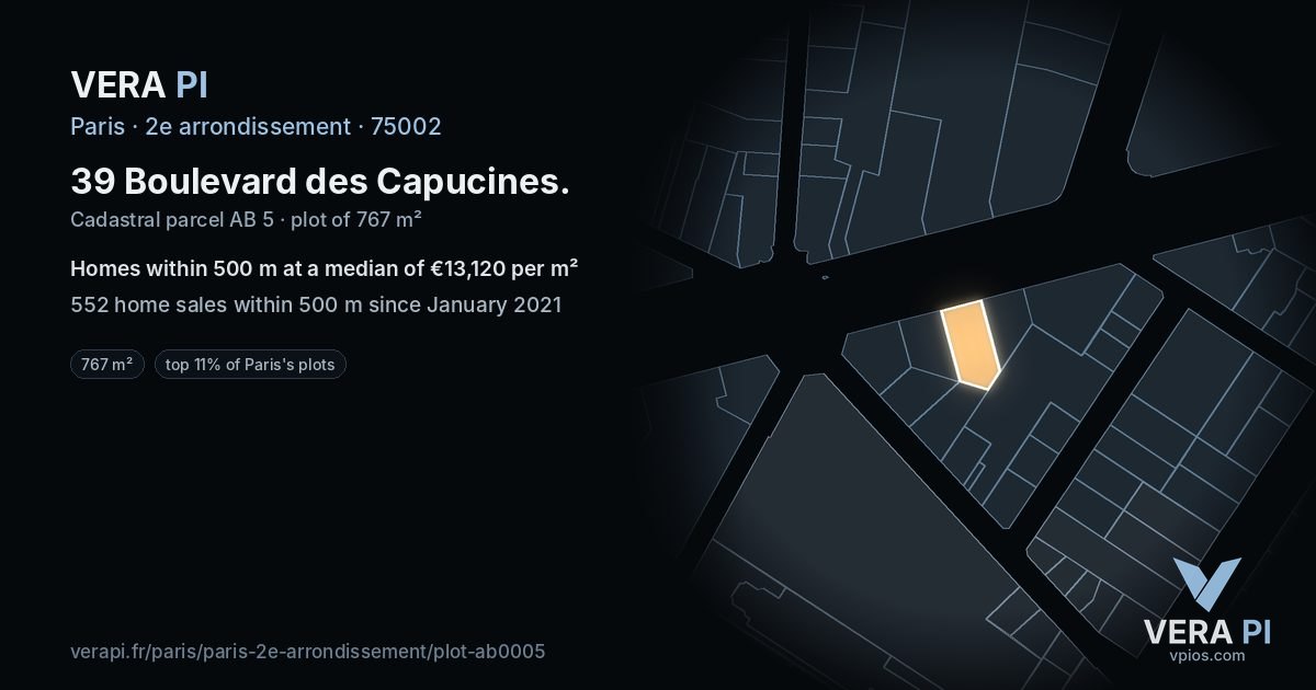 39 Boulevard des Capucines, 2e arrondissement at night – the plot lit, the parcels around coloured by the prices near them