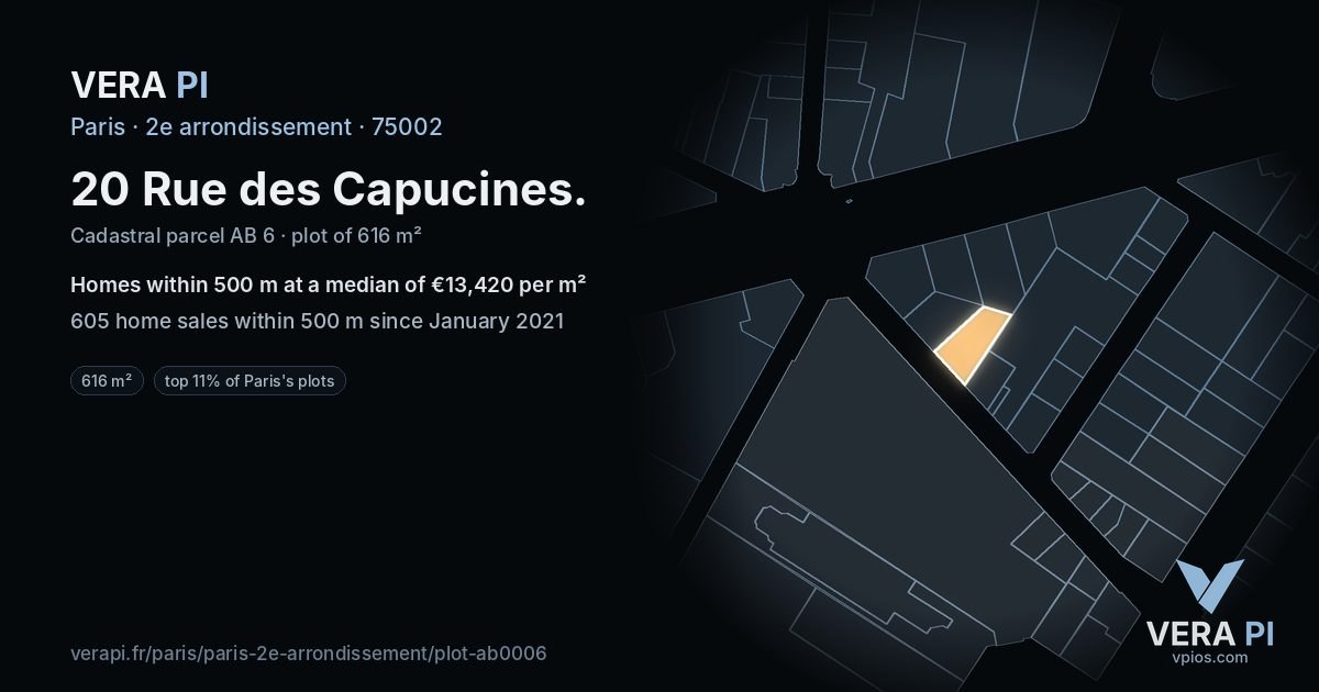20 Rue des Capucines, 2e arrondissement at night – the plot lit, the parcels around coloured by the prices near them