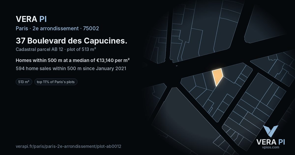 37 Boulevard des Capucines, 2e arrondissement at night – the plot lit, the parcels around coloured by the prices near them