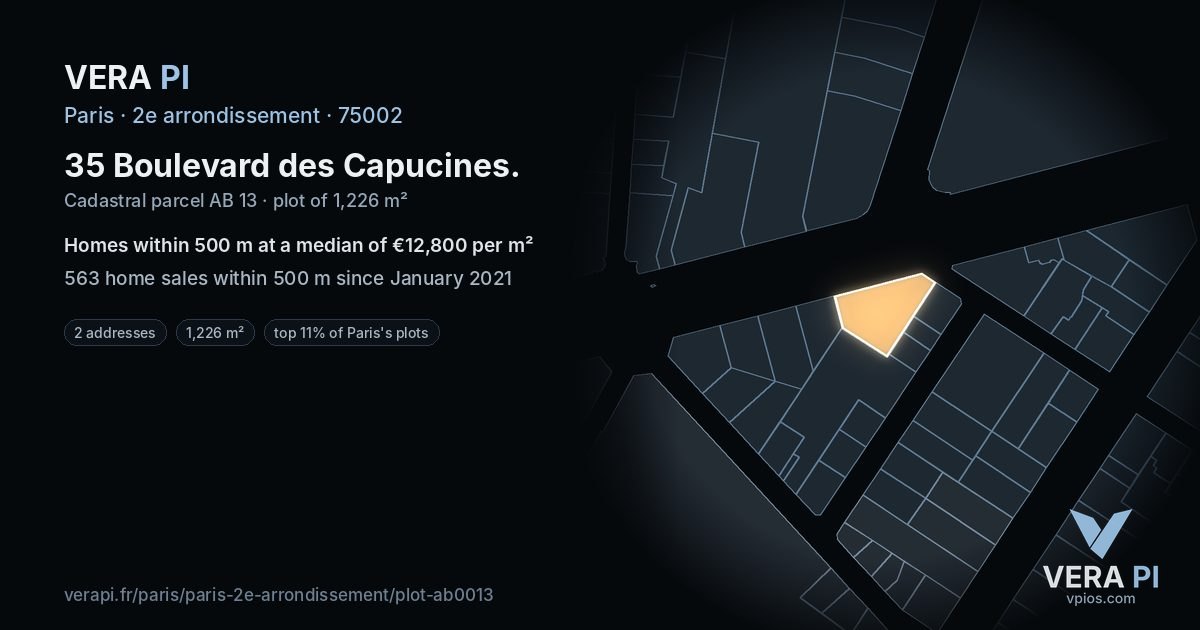 35 Boulevard des Capucines, 2e arrondissement at night – the plot lit, the parcels around coloured by the prices near them