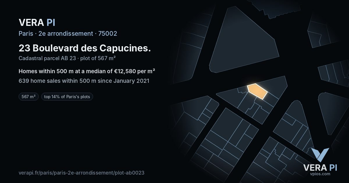 23 Boulevard des Capucines, 2e arrondissement at night – the plot lit, the parcels around coloured by the prices near them