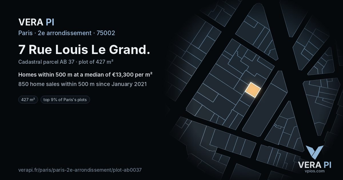 7 Rue Louis Le Grand, 2e arrondissement at night – the plot lit, the parcels around coloured by the prices near them