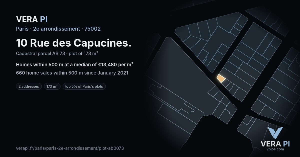 10 Rue des Capucines, 2e arrondissement at night – the plot lit, the parcels around coloured by the prices near them