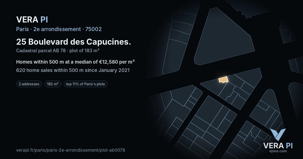 25 Boulevard des Capucines, 2e arrondissement at night – the plot lit, the parcels around coloured by the prices near them
