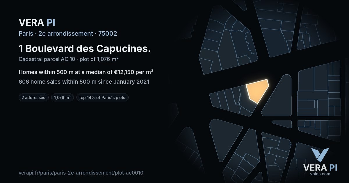 1 Boulevard des Capucines, 2e arrondissement at night – the plot lit, the parcels around coloured by the prices near them