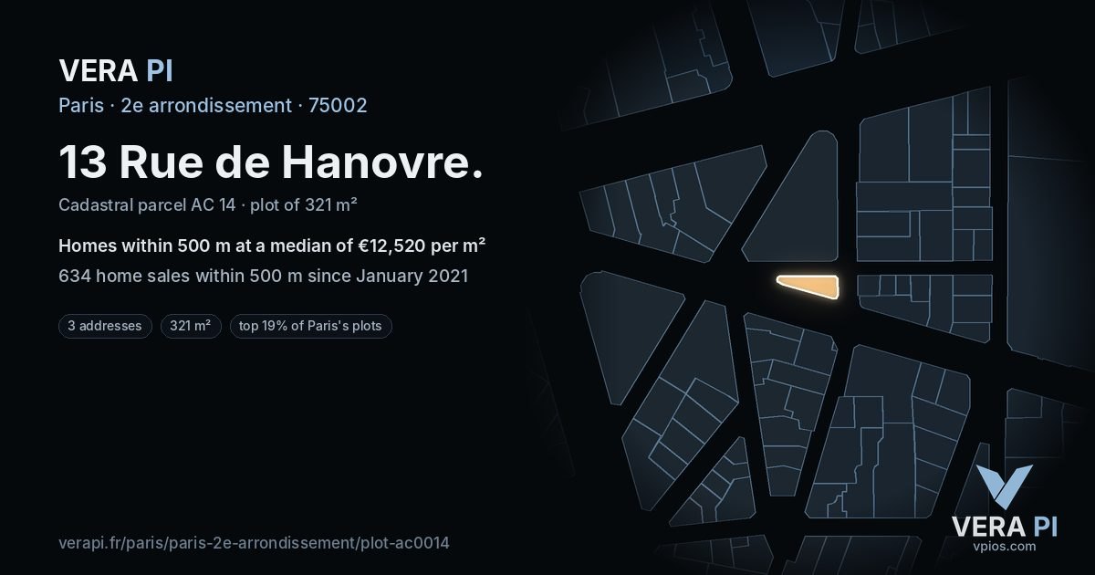 13 Rue de Hanovre, 2e arrondissement at night – the plot lit, the parcels around coloured by the prices near them