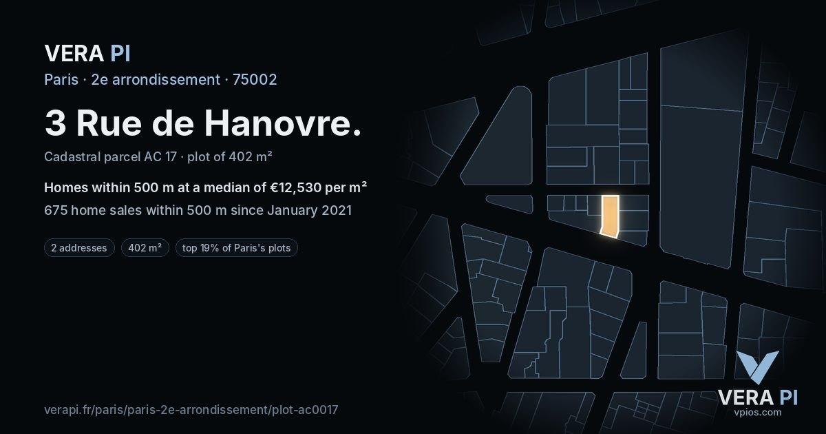 3 Rue de Hanovre, 2e arrondissement at night – the plot lit, the parcels around coloured by the prices near them