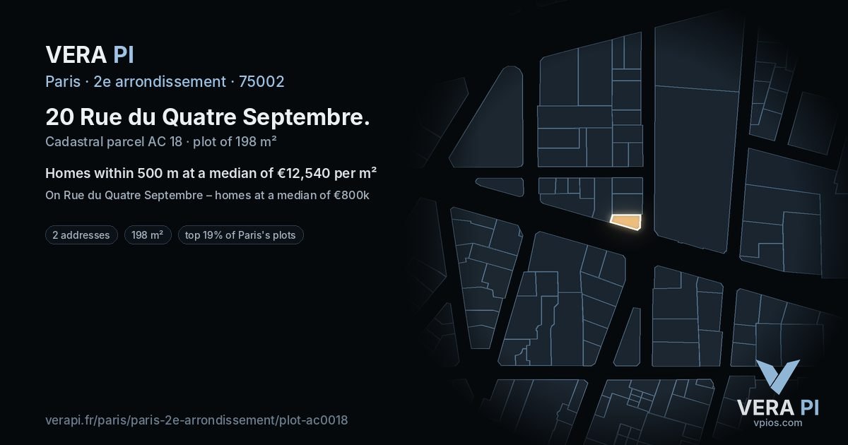 20 Rue du Quatre Septembre, 2e arrondissement at night – the plot lit, the parcels around coloured by the prices near them
