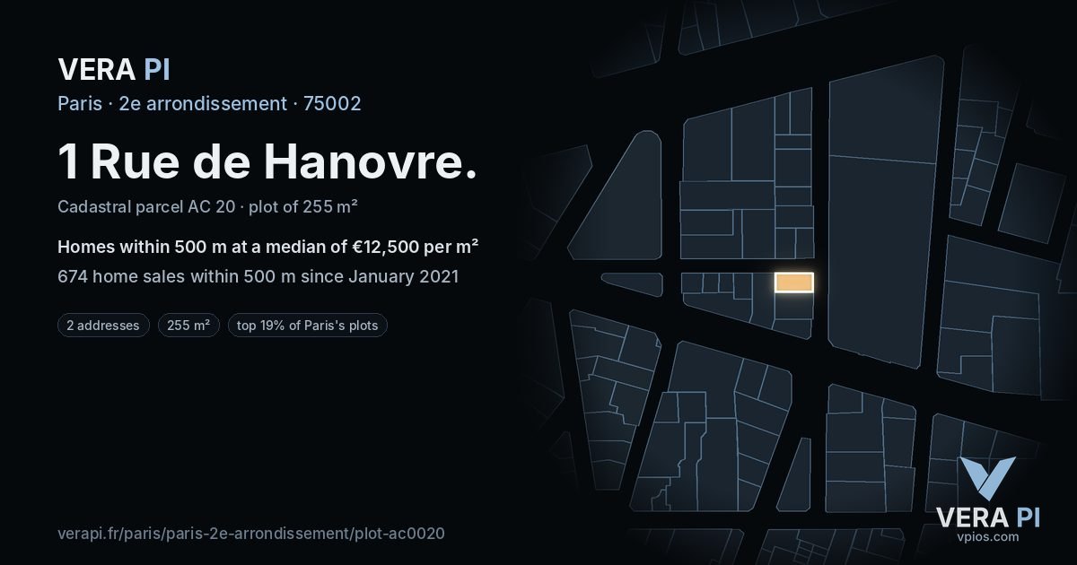 1 Rue de Hanovre, 2e arrondissement at night – the plot lit, the parcels around coloured by the prices near them