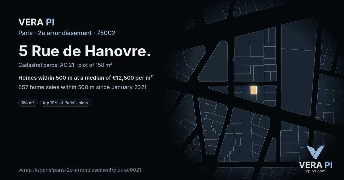 5 Rue de Hanovre, 2e arrondissement at night – the plot lit, the parcels around coloured by the prices near them