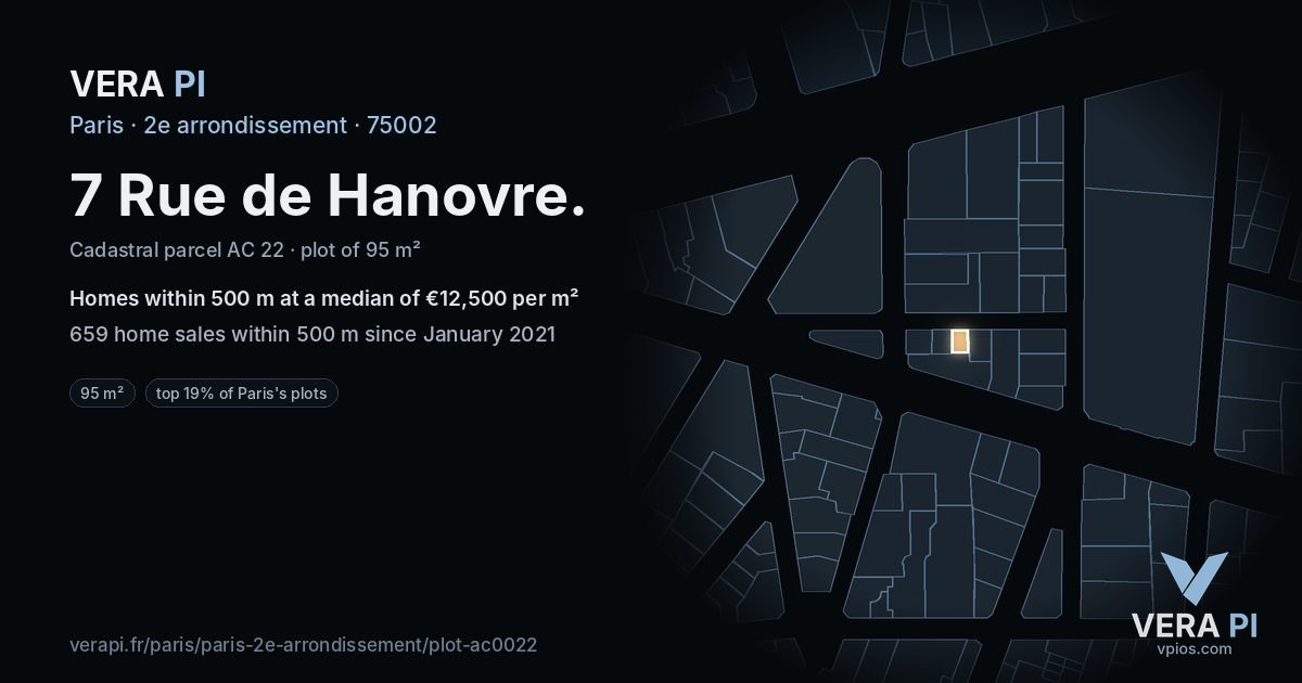 7 Rue de Hanovre, 2e arrondissement at night – the plot lit, the parcels around coloured by the prices near them