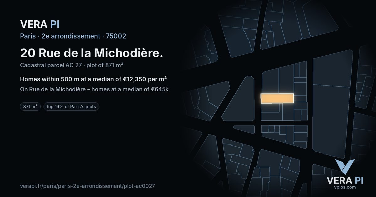 20 Rue de la Michodière, 2e arrondissement at night – the plot lit, the parcels around coloured by the prices near them