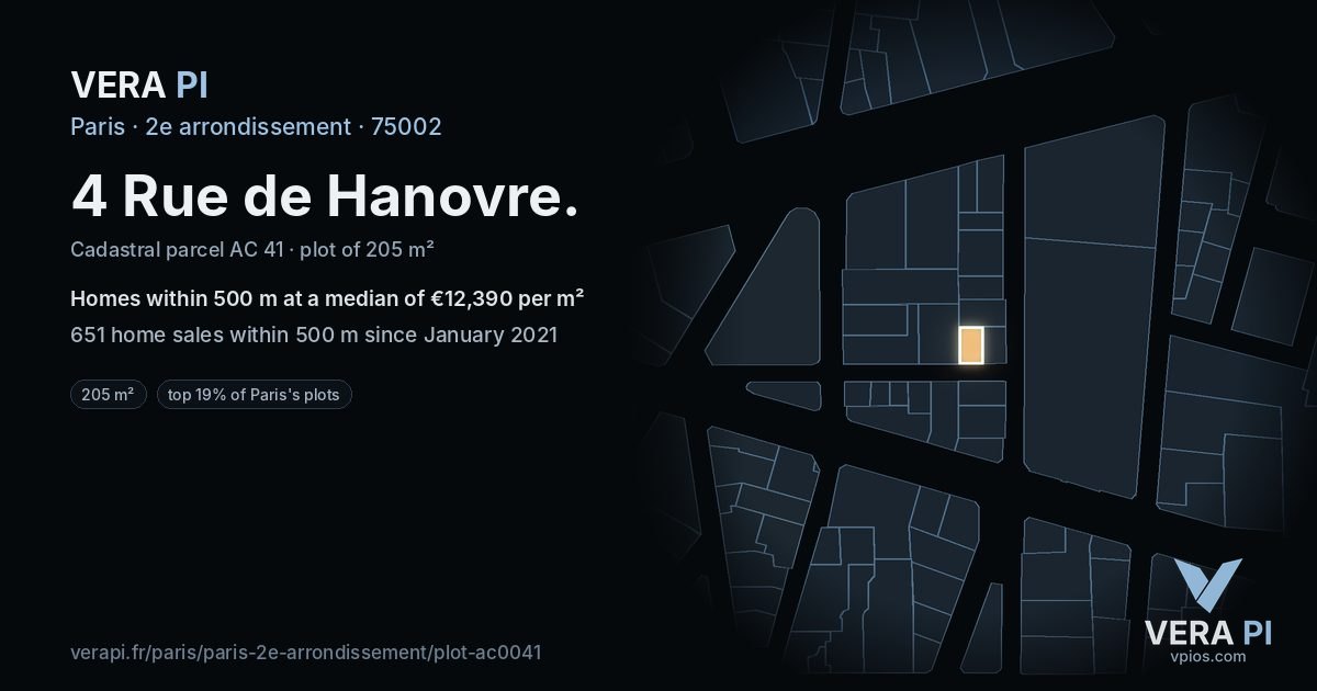 4 Rue de Hanovre, 2e arrondissement at night – the plot lit, the parcels around coloured by the prices near them